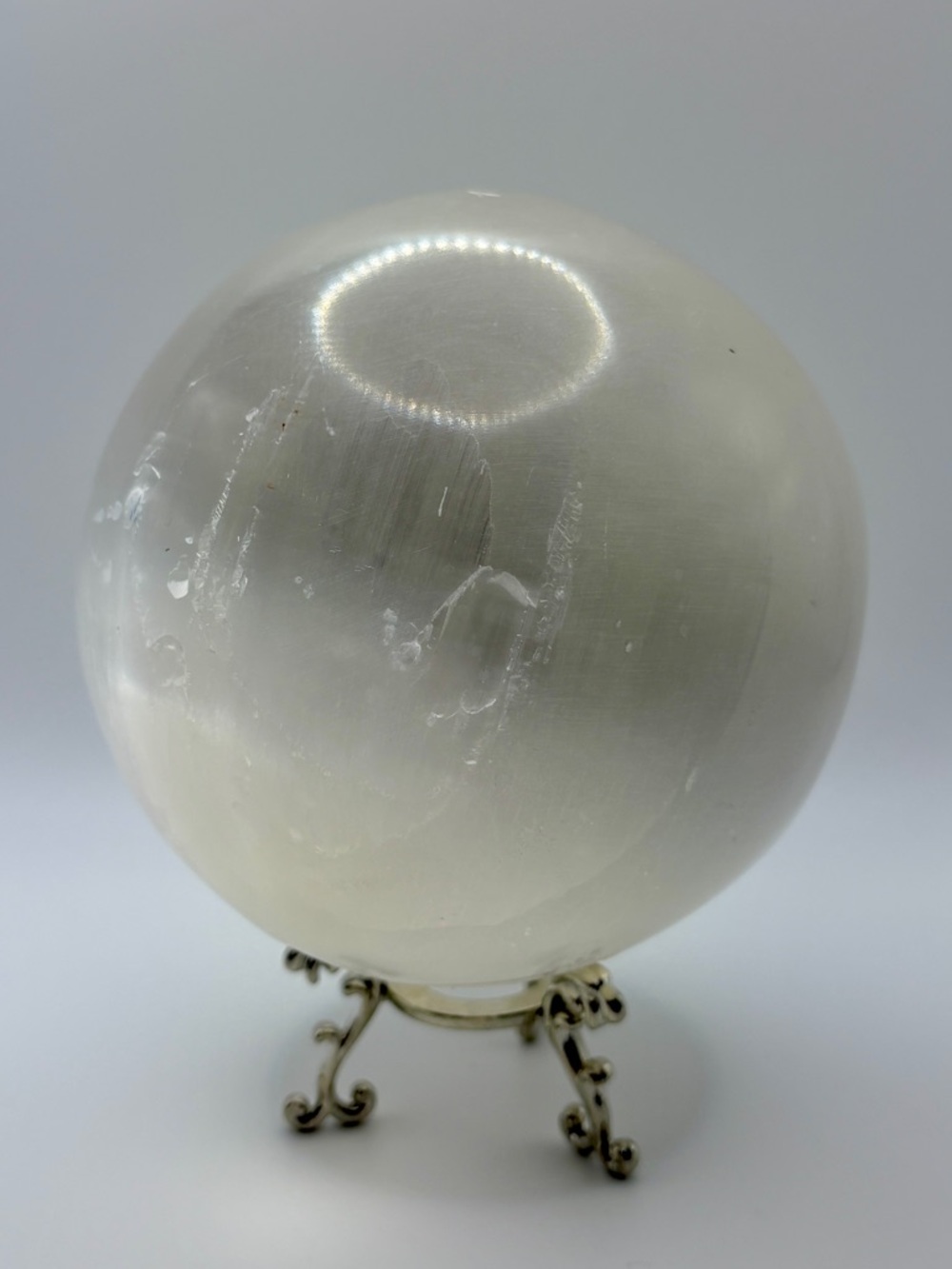 Large Selenite Sphere w/ Stand Satin Spar Crystal Ball 1.58kg 4in